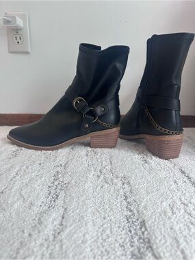 Women's Black Ankle Boots with Buckle & Chain Detail